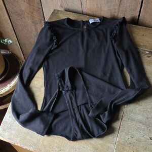 Black ruffled shoulder thong bodysuit